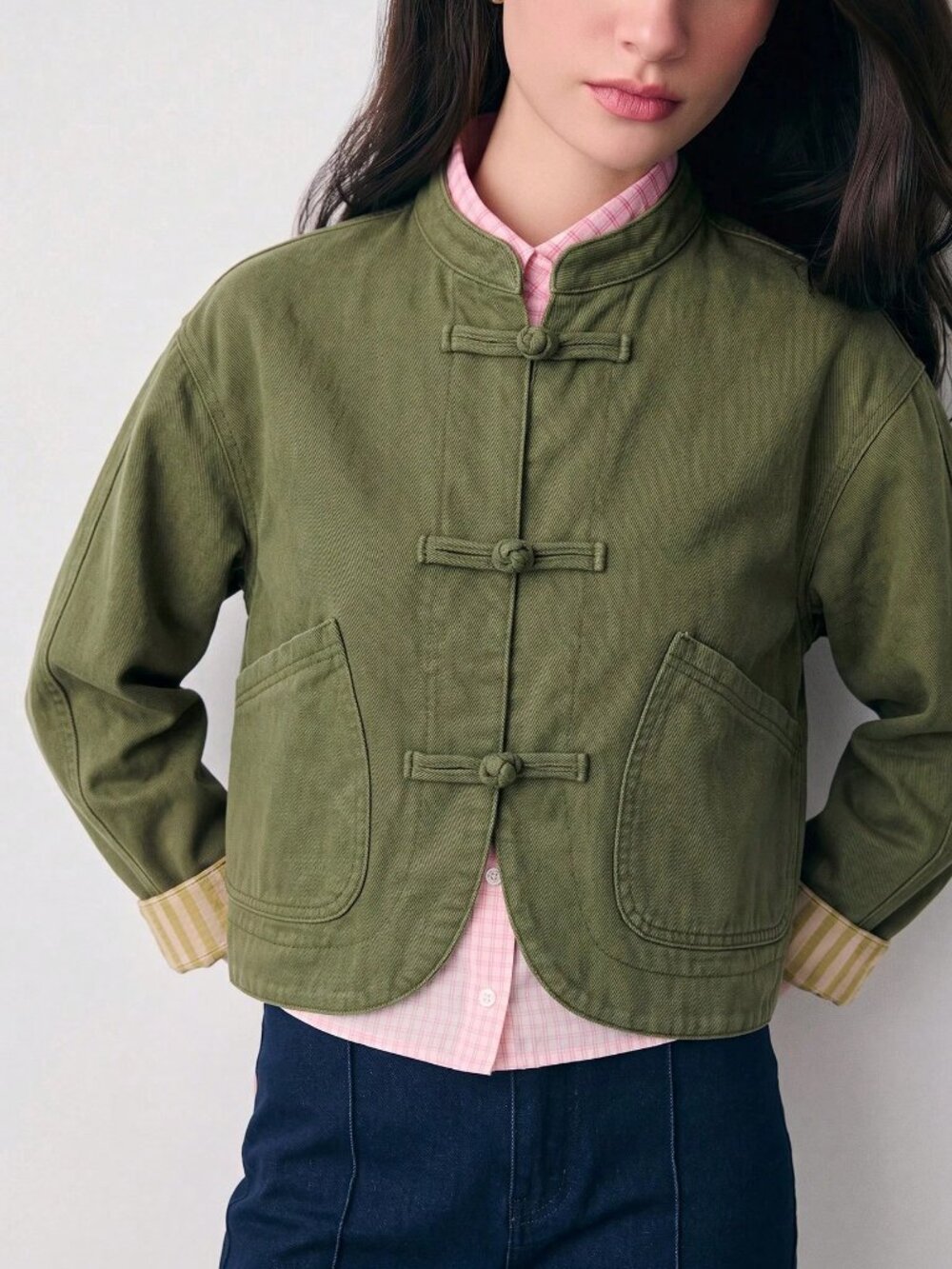 Army Green Casual Women's Denim Jacket With Mandarin Collar And Frog Buttons